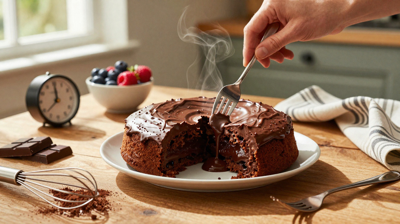 Bolo quente de chocolate com cobertura cremosa, uma mão pegando um pedaço com garfo sobre mesa de madeira.