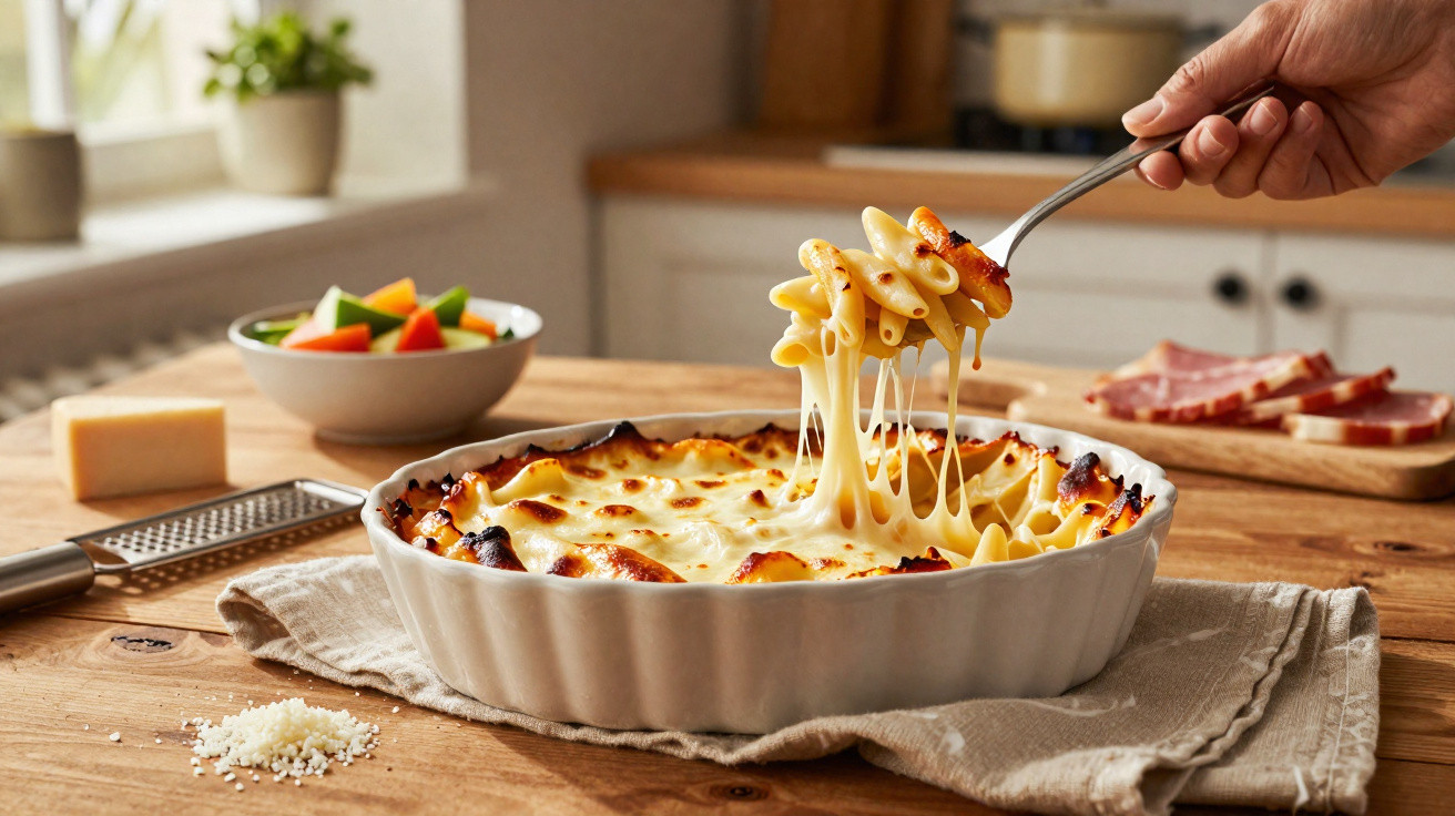 Gratinado de macarrão com queijo derretido sendo servido em travessa branca sobre toalha bege.