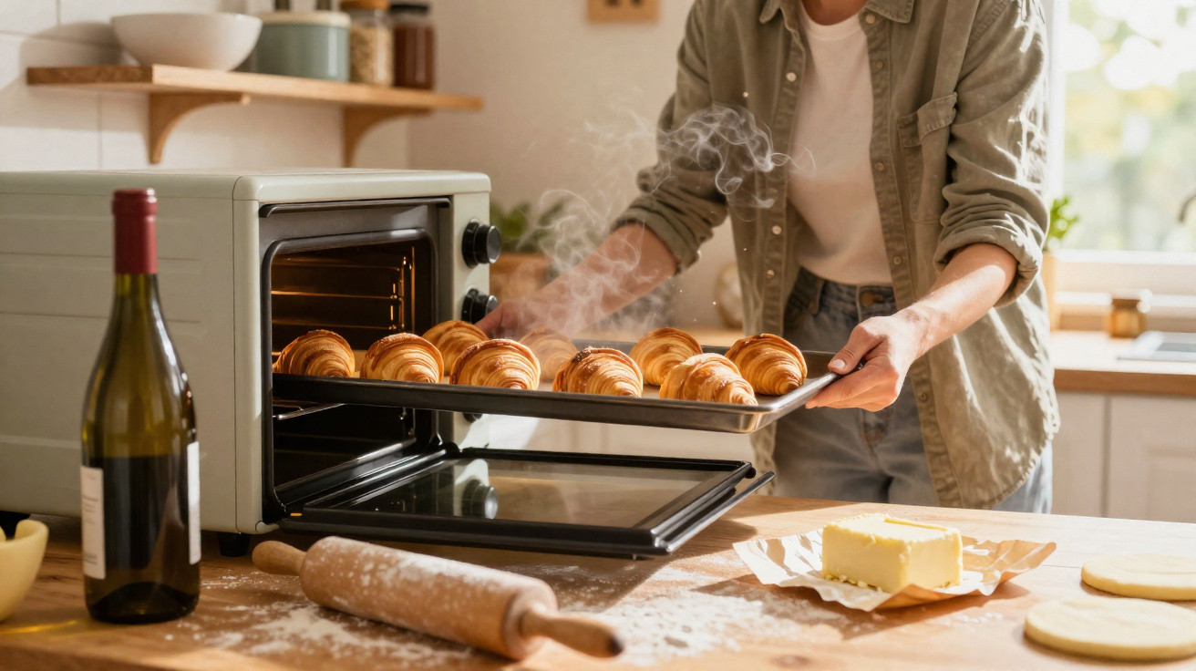 Pessoa retirando croissants quentes de forno elétrico em cozinha com utensílios de preparo ao redor.