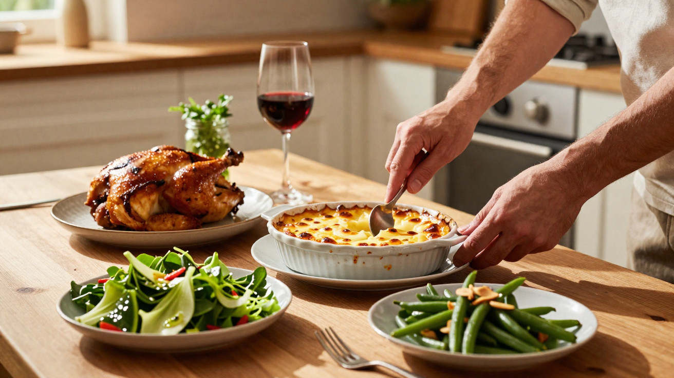 Mãos servindo gratinado em mesa com frango assado, salada, vagem com amêndoas e taça de vinho tinto.