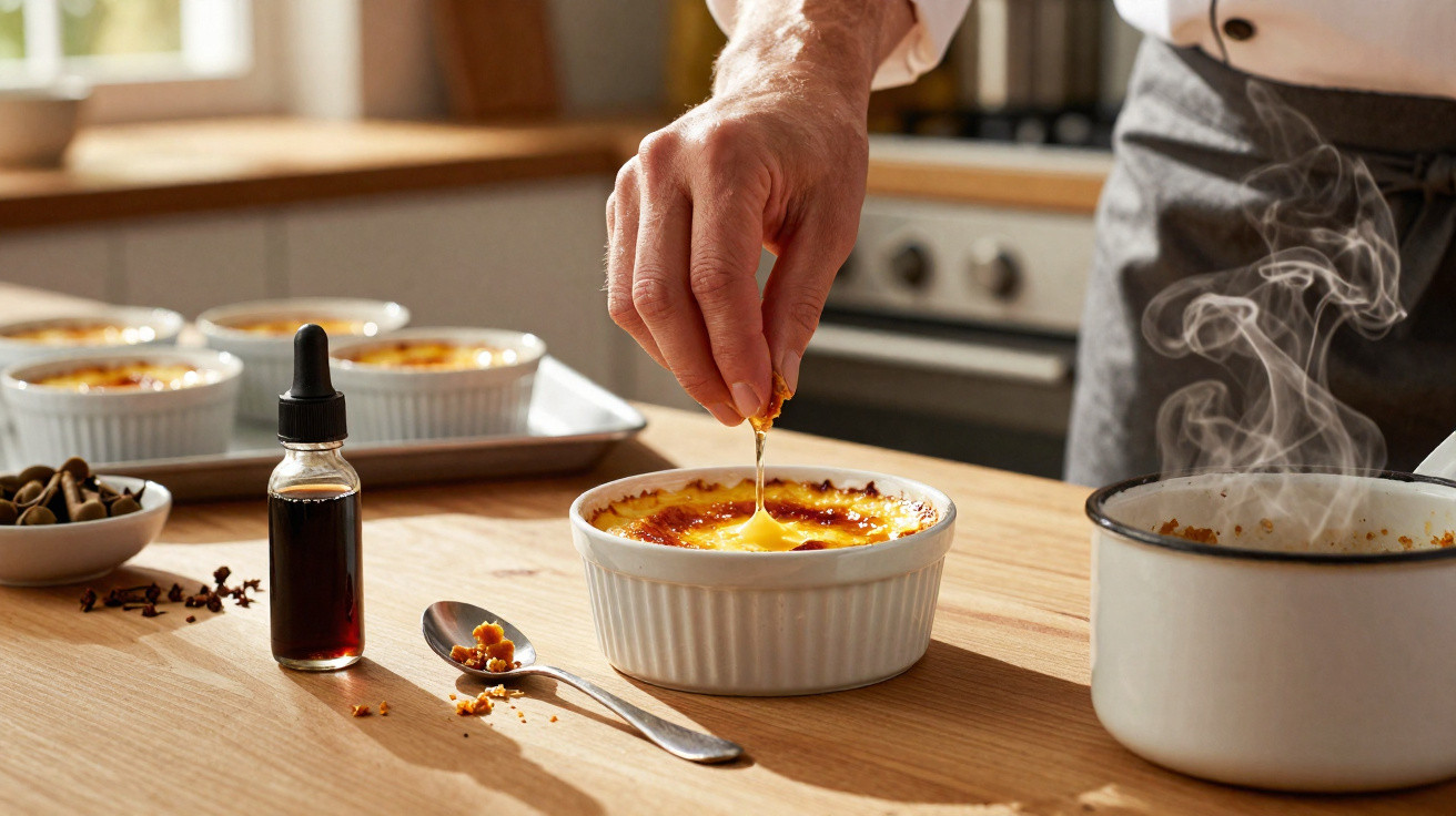 Mão caramelizando crème brûlée em ramequim sobre mesa de madeira com utensílios e panela quente.