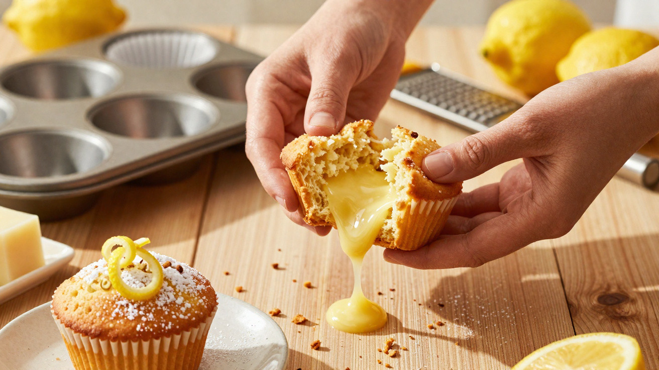 Muffin de limão sendo aberto com creme de limão escorrendo, ao lado de muffin decorado e limões na mesa.