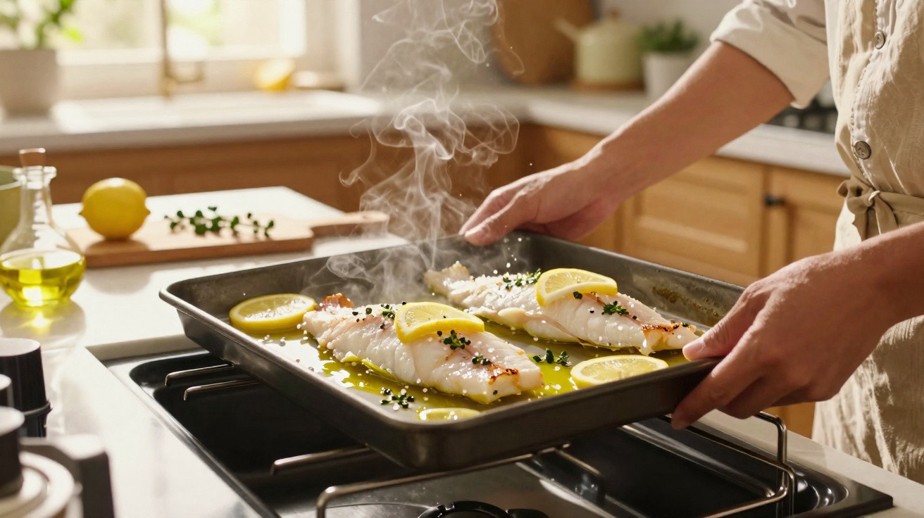 Pessoa segurando assadeira com filés de peixe assando, decorados com limão e ervas na cozinha.