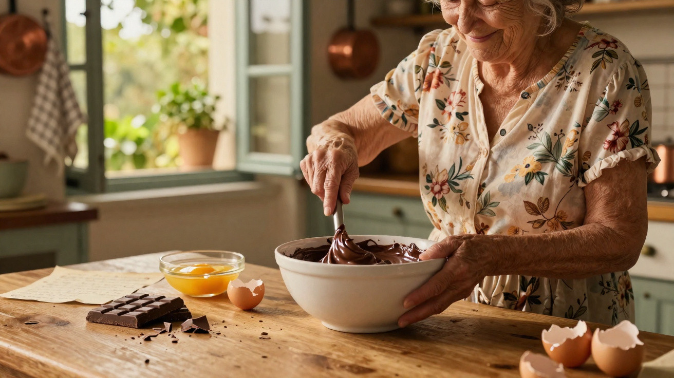 Mulher idosa mexendo chocolate em uma tigela na cozinha, com ovos e barras de chocolate na mesa de madeira.