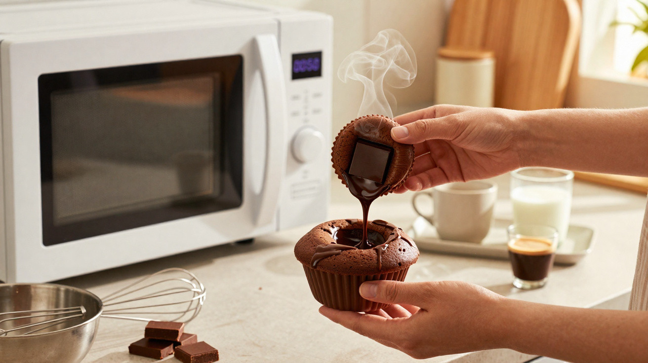 Mãos segurando cupcake de chocolate quente com chocolate derretendo, forno micro-ondas ao fundo em cozinha.