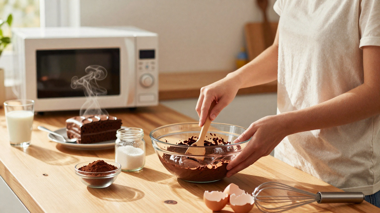 Pessoa mexendo massa de bolo de chocolate em tigela de vidro na cozinha com ingredientes e bolo ao fundo.