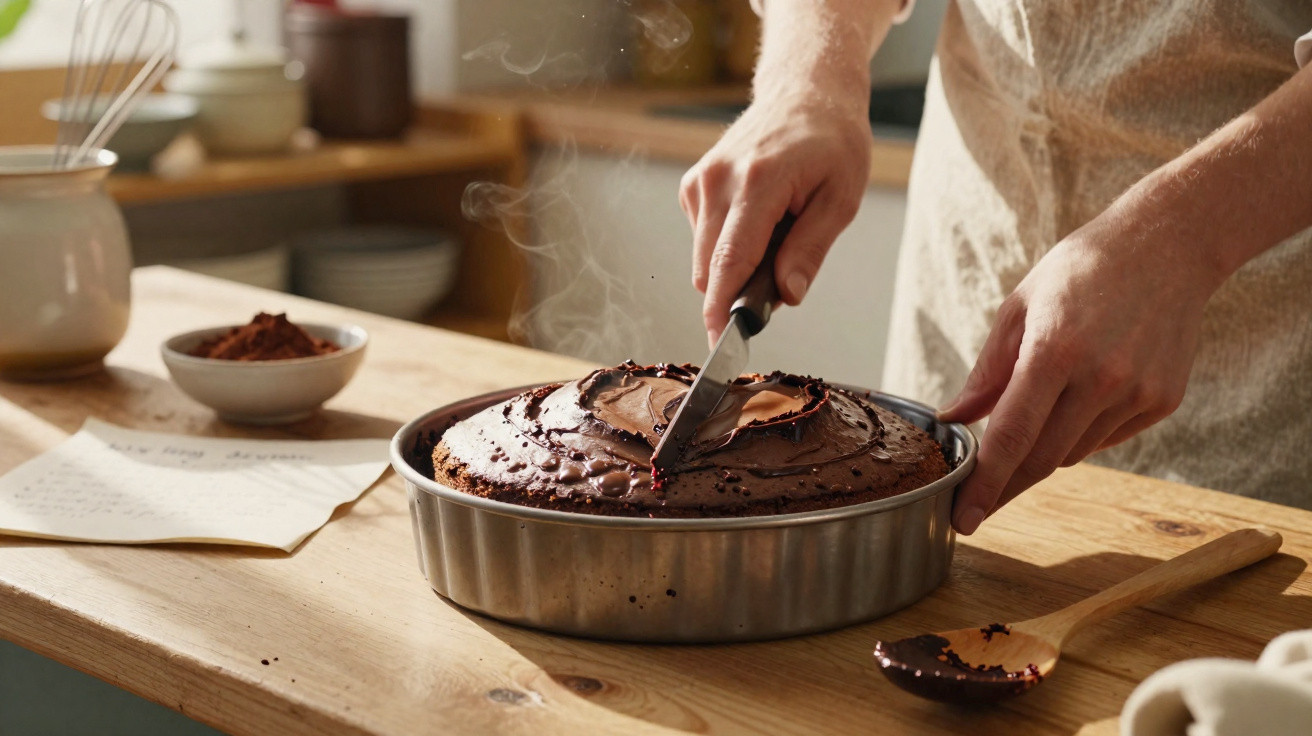 Pessoa cortando bolo de chocolate fumegante recém assado em forma metálica sobre mesa de madeira.