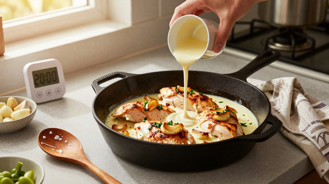 Molho cremoso sendo despejado em frigideira com filés de frango dourados e alho frito na cozinha.