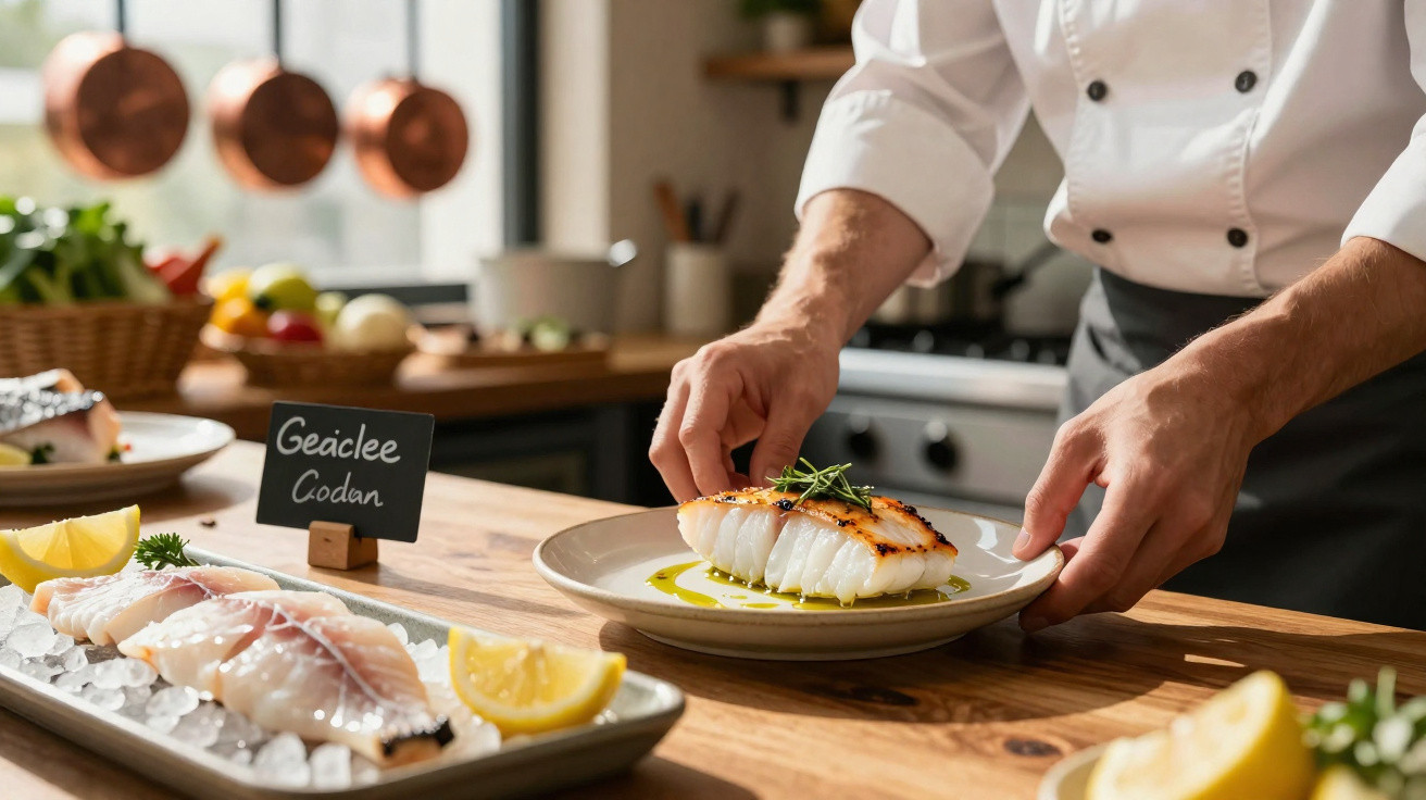 Chef finaliza prato com peixe grelhado em cozinha profissional com ingredientes frescos ao redor.