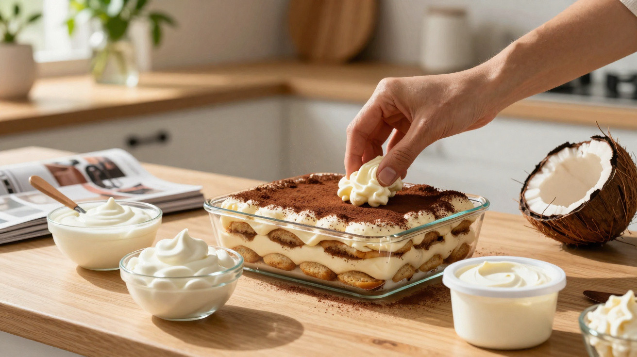 Mão decorando sobremesa de tiramisu com creme, ao lado de duas tigelas e um coco aberto na bancada da cozinha.
