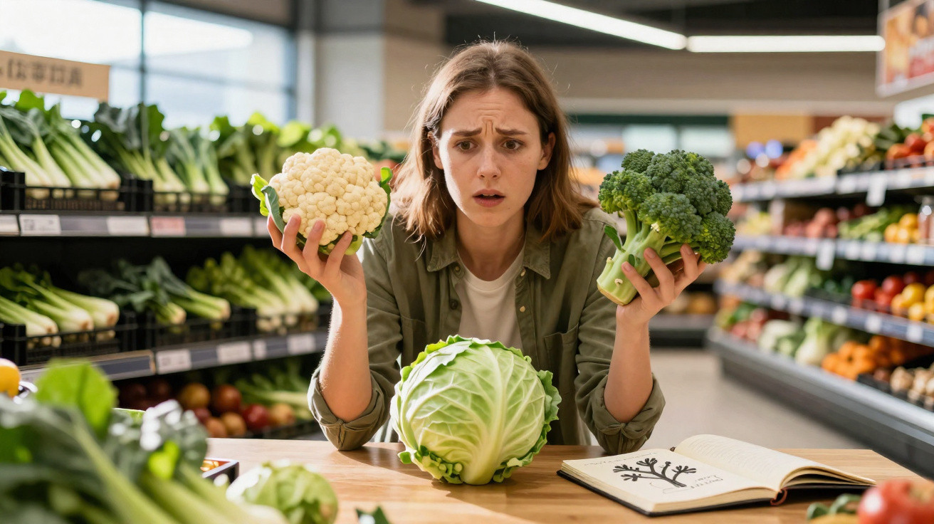 Mulher em supermercado comparando couve-flor e brócolis com expressão indecisa.