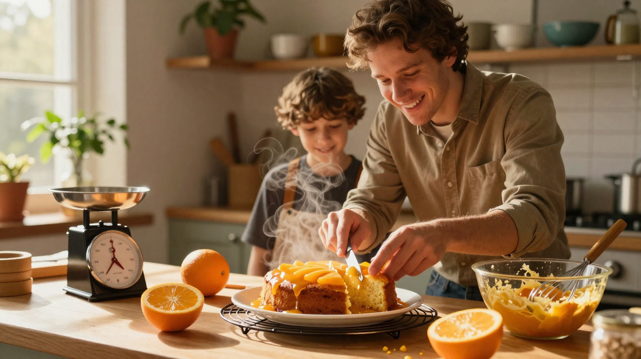 Homem e menino felizes cortando bolo quente com cobertura de frutas na cozinha iluminada.