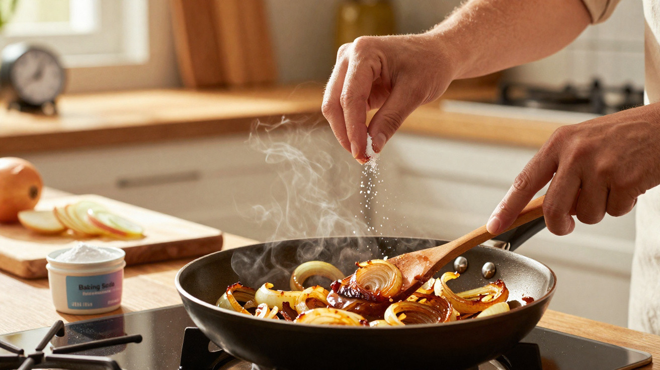 Mãos temperando cebolas caramelizadas em frigideira na cozinha com vapor saindo.