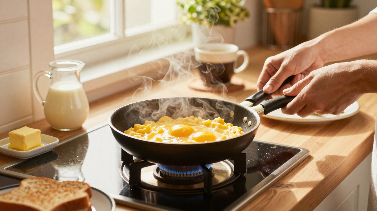 Mãos segurando frigideira com ovos fritando no fogão a gás em cozinha iluminada, com torradas e leite.