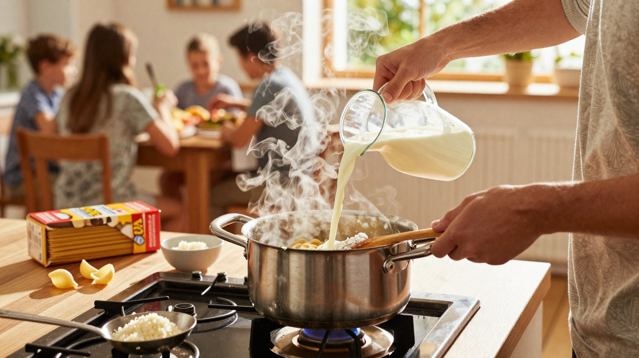 Pessoa despejando leite em panela quente com macarrão, família ao fundo na cozinha iluminada.
