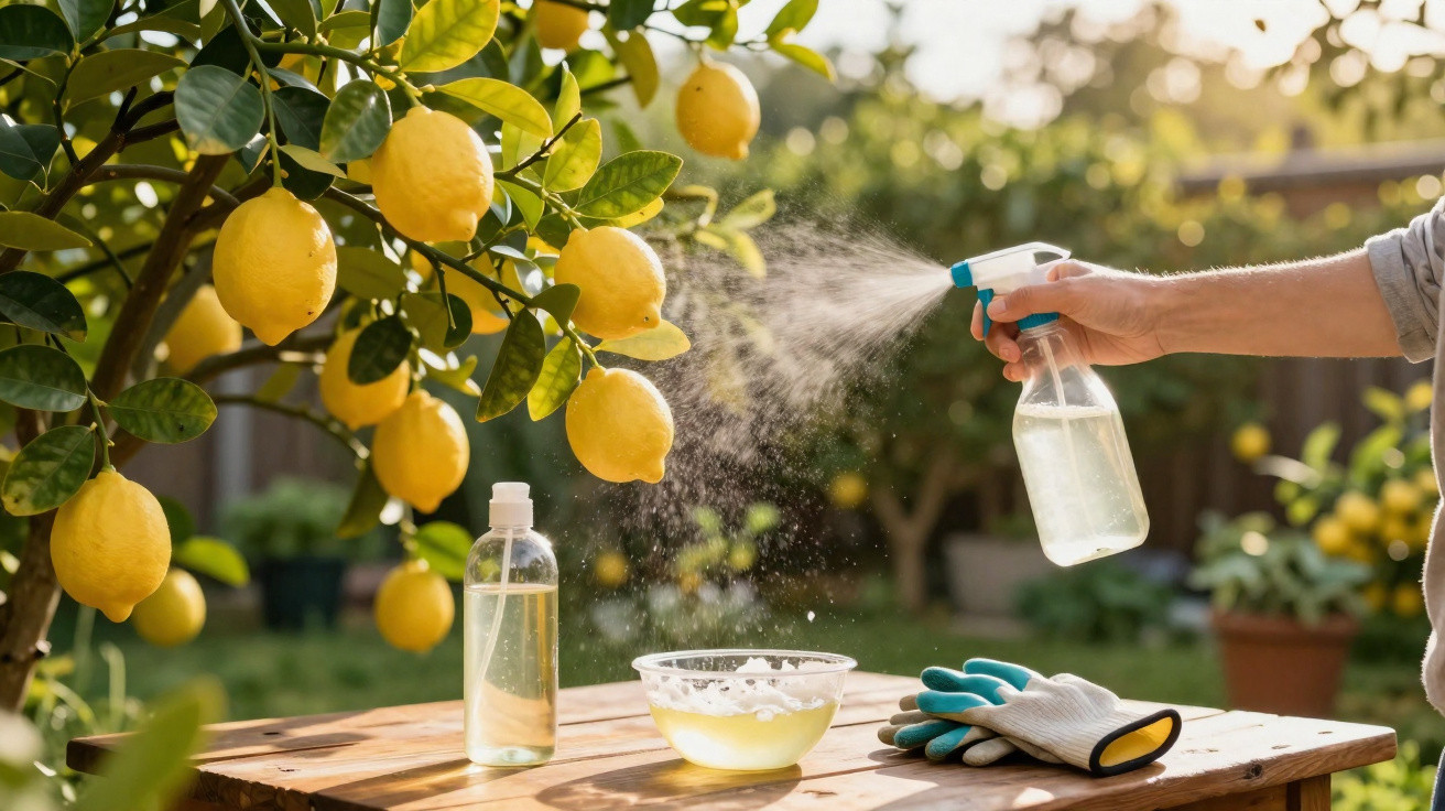 Pessoa borrifando líquido em limoeiro com frutas amarelas, luvas e produtos de jardinagem sobre mesa de madeira.