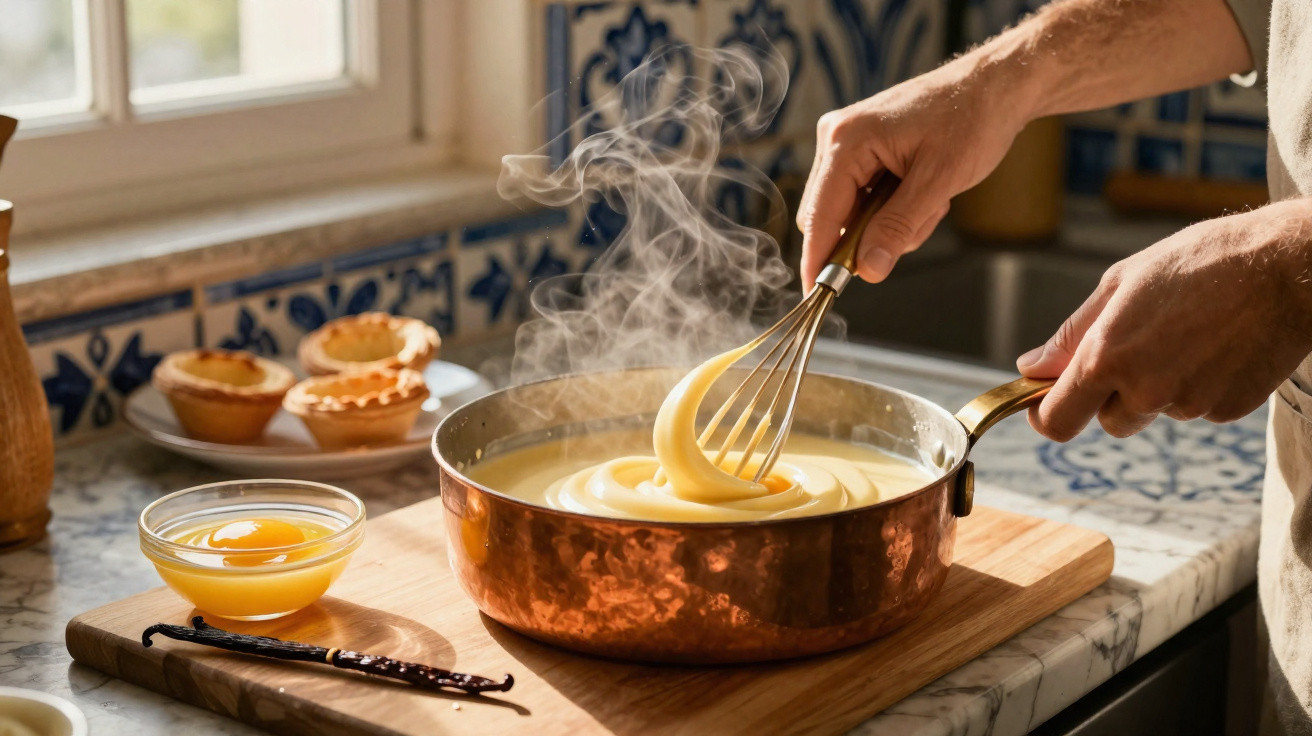Mãos mexendo creme quente em panela de cobre em cozinha com tortinhas e ovos ao fundo.