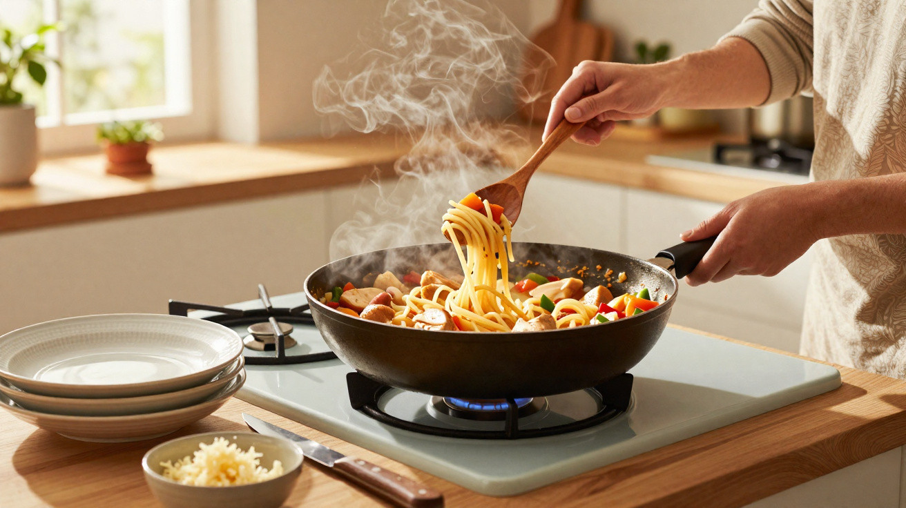 Pessoa mexendo espaguete com legumes e salsichas em frigideira sobre fogão à gás em cozinha iluminada.