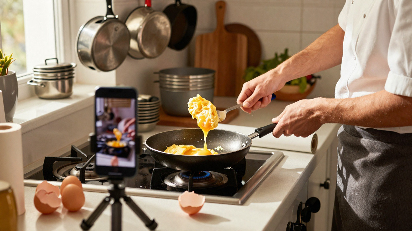 Pessoa cozinhando ovos mexidos na frigideira enquanto grava vídeo com celular em tripé na cozinha.