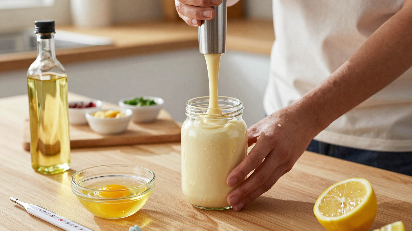 Pessoa usando mixer para preparar maionese caseira em pote de vidro na cozinha.