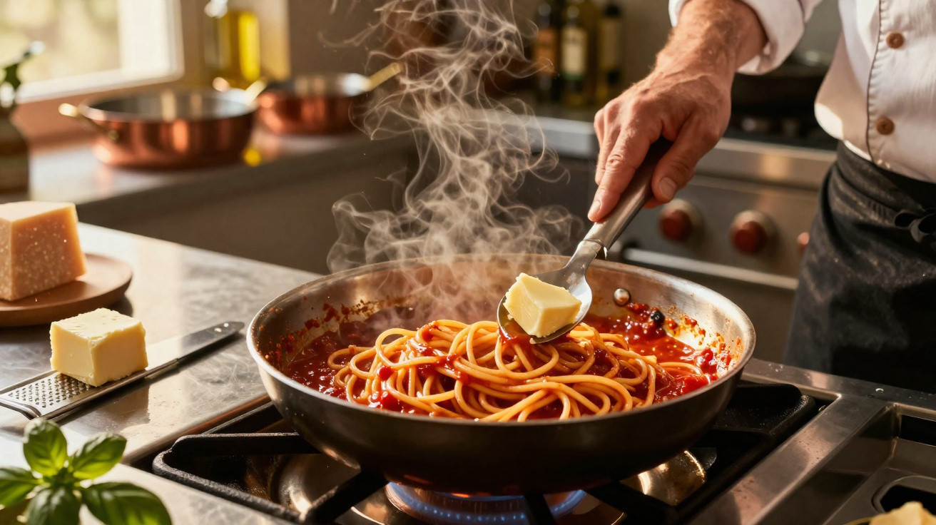 Mão colocando manteiga em espaguete com molho de tomate quente numa frigideira no fogão.