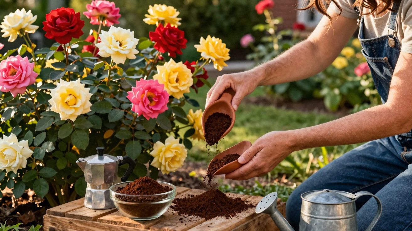 Pessoa mexendo terra em vaso, ao lado de flores coloridas e utensílios de jardinagem, em jardim ensolarado.