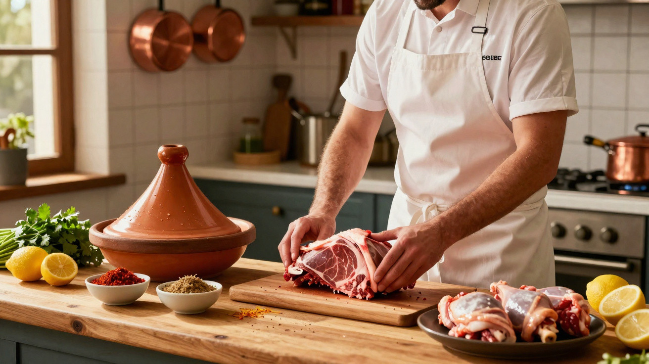 Homem em avental branco preparando corte de carne na cozinha rústica com especiarias e tagine na bancada.