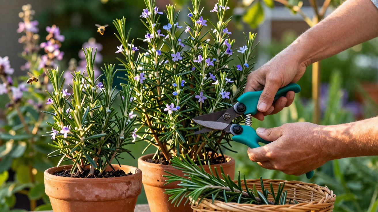 Pessoa podando plantas floridas em vasos de barro com tesoura de jardinagem em jardinagem ao ar livre.