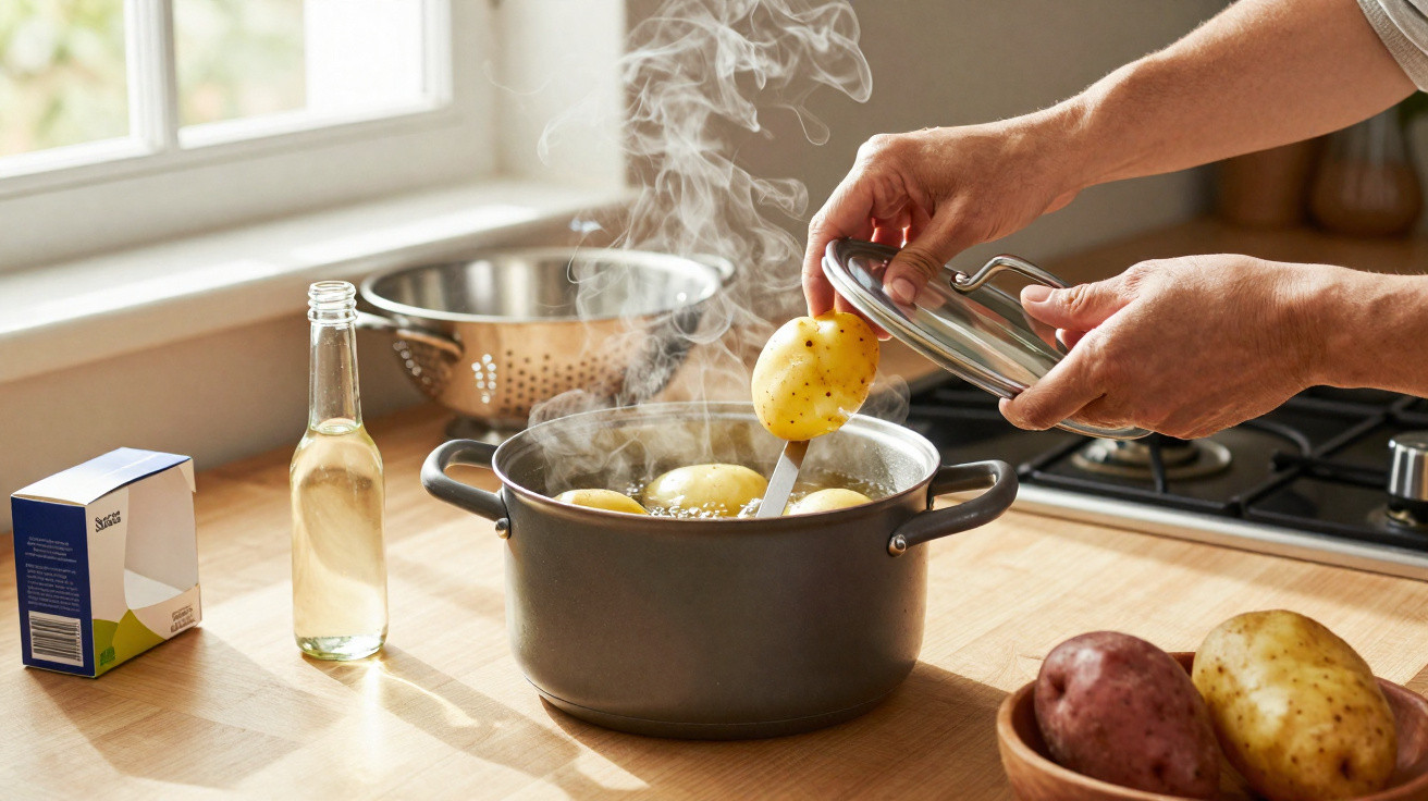 Mãos retiram batata cozida de panela quente em cozinha iluminada pela luz natural.