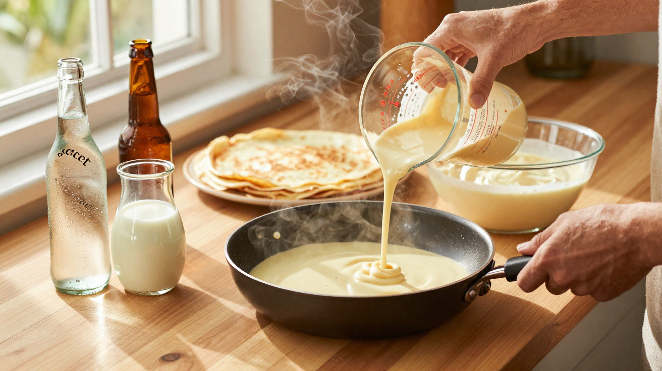 Mãos despejando massa de panqueca quente em frigideira com pilha de panquecas e bebidas na mesa de madeira.