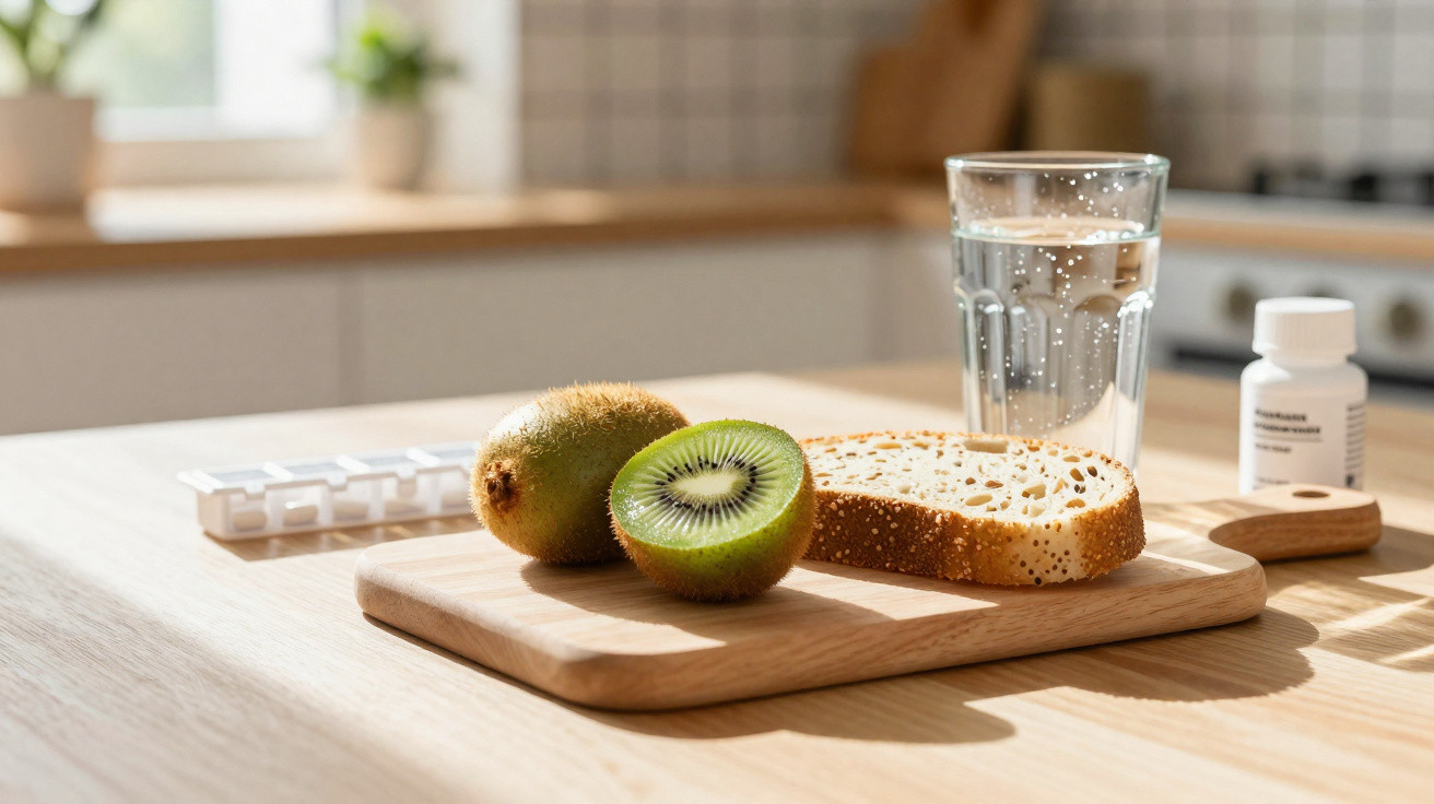Quatro itens sobre uma bancada de cozinha: kiwi, fatia de pão, copo com água, frasco e blister de remédio.