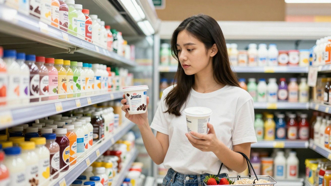 Mulher jovem vestindo camiseta branca escolhe produtos na prateleira de supermercado de laticínios.