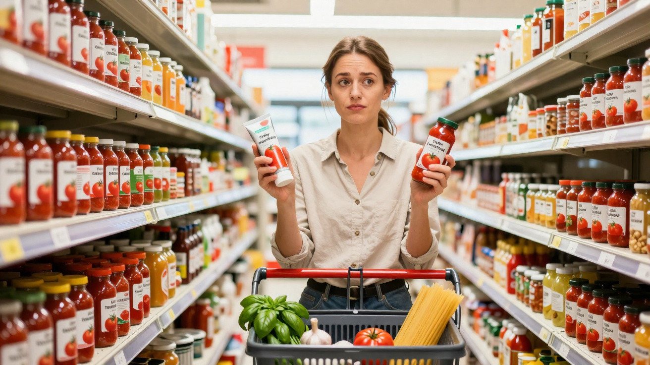 Mulher em corredor de supermercado comparando dois tipos de molho de tomate, carrinho com alimentos à sua frente.