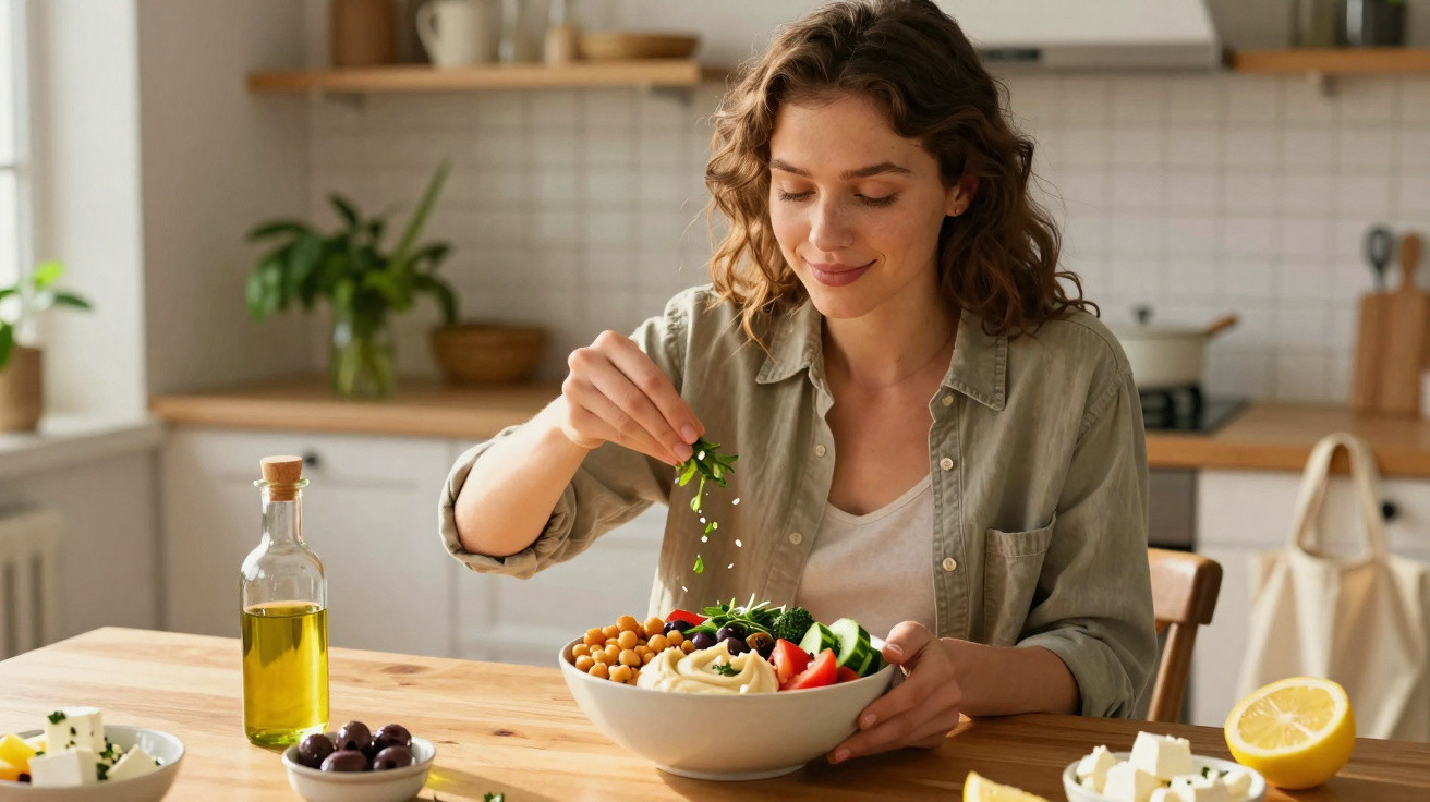 Mulher sorrindo tempera salada saudável com grão-de-bico na cozinha clara e moderna.