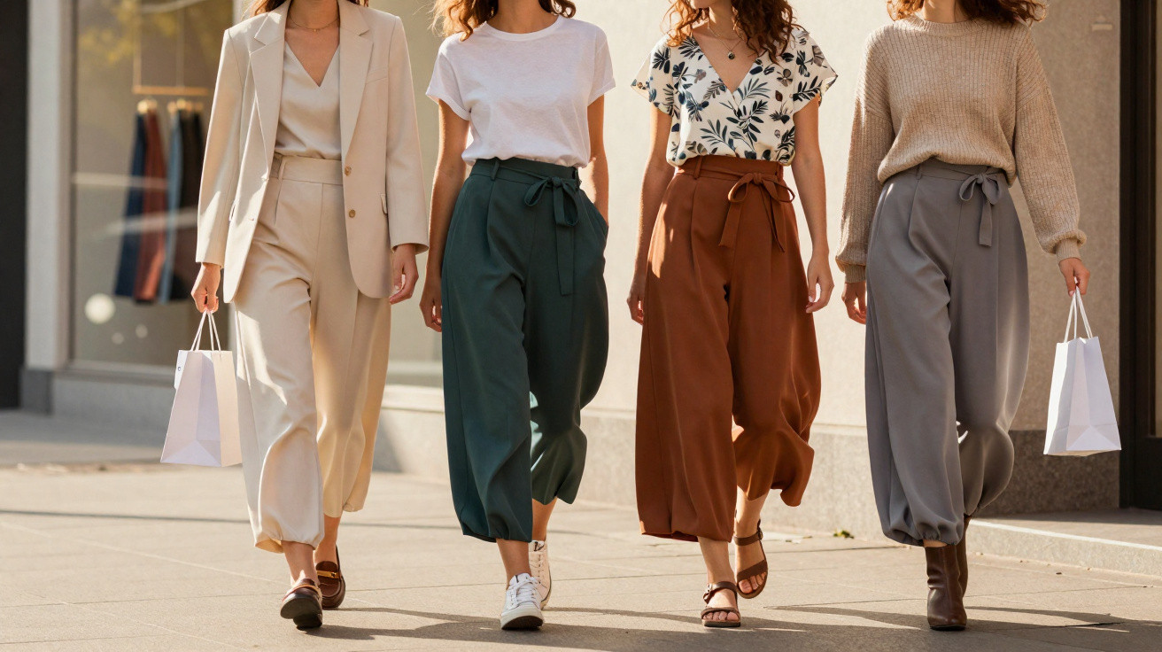 Quatro mulheres caminhando com calças pantalonas em cores neutras e acessórios de compras em área urbana.