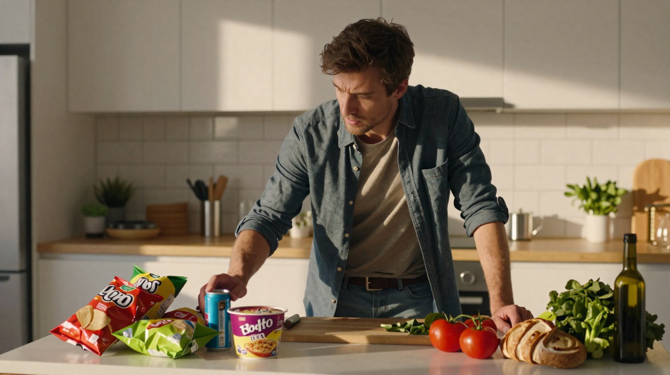 Homem em cozinha moderna pegando refrigerante, com petiscos, tomate, pão e azeite sobre bancada.