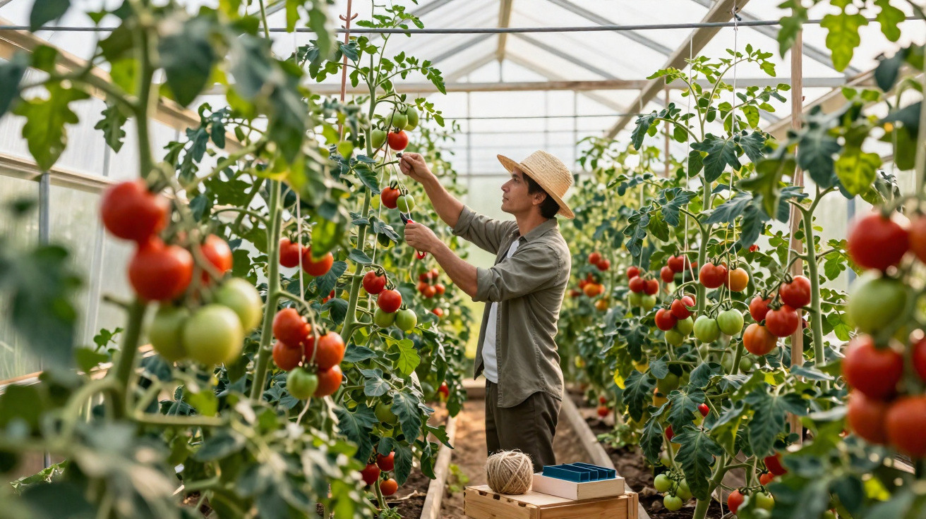 Homem colhendo tomates maduros em estufa com várias plantas altas e frutos vermelhos e verdes.