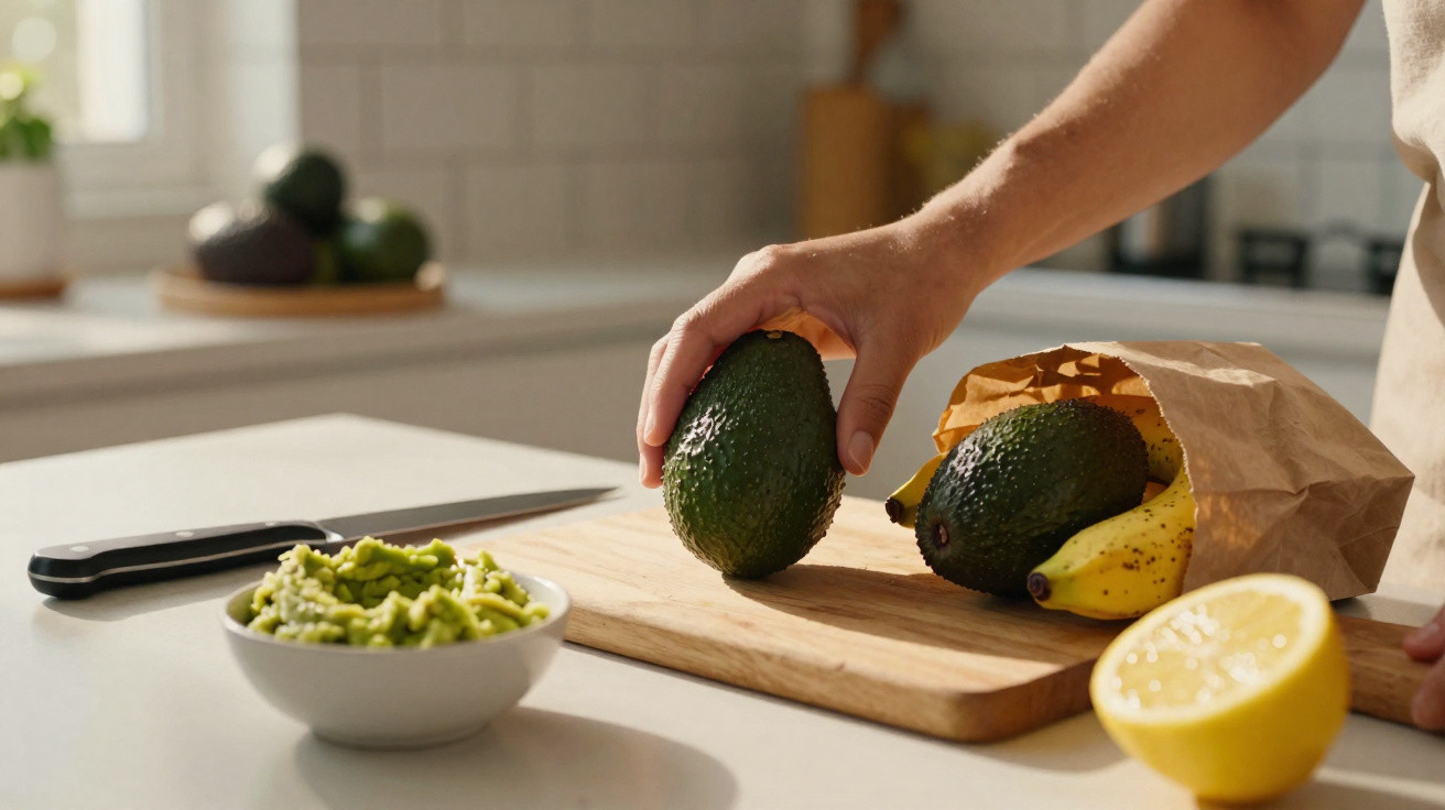Pessoa segurando abacate ao lado de sacola com frutas e tigela com guacamole em cozinha iluminada.