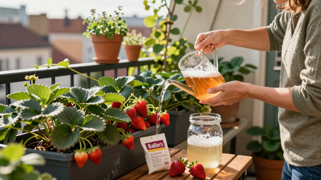 Pessoa regando plantas de morango em varanda ensolarada com regador de vidro âmbar.