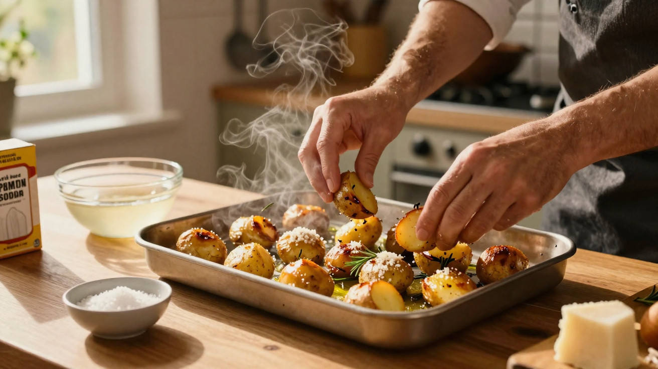 Mãos colocando batatas assadas quentes e temperadas em assadeira com ervas e sal grosso na cozinha.