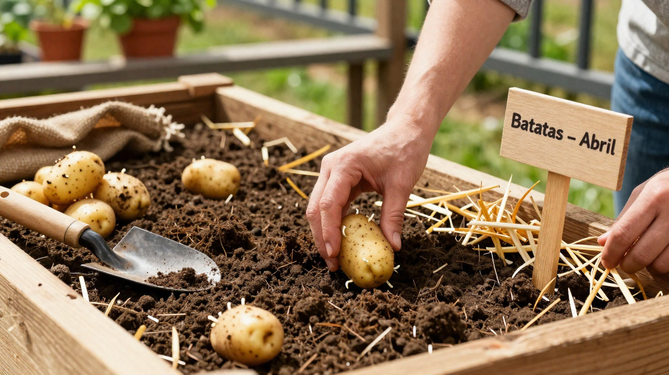 Mãos plantando batatas em canteiro com placa indicando "Batatas – Abril" e pá de jardinagem.