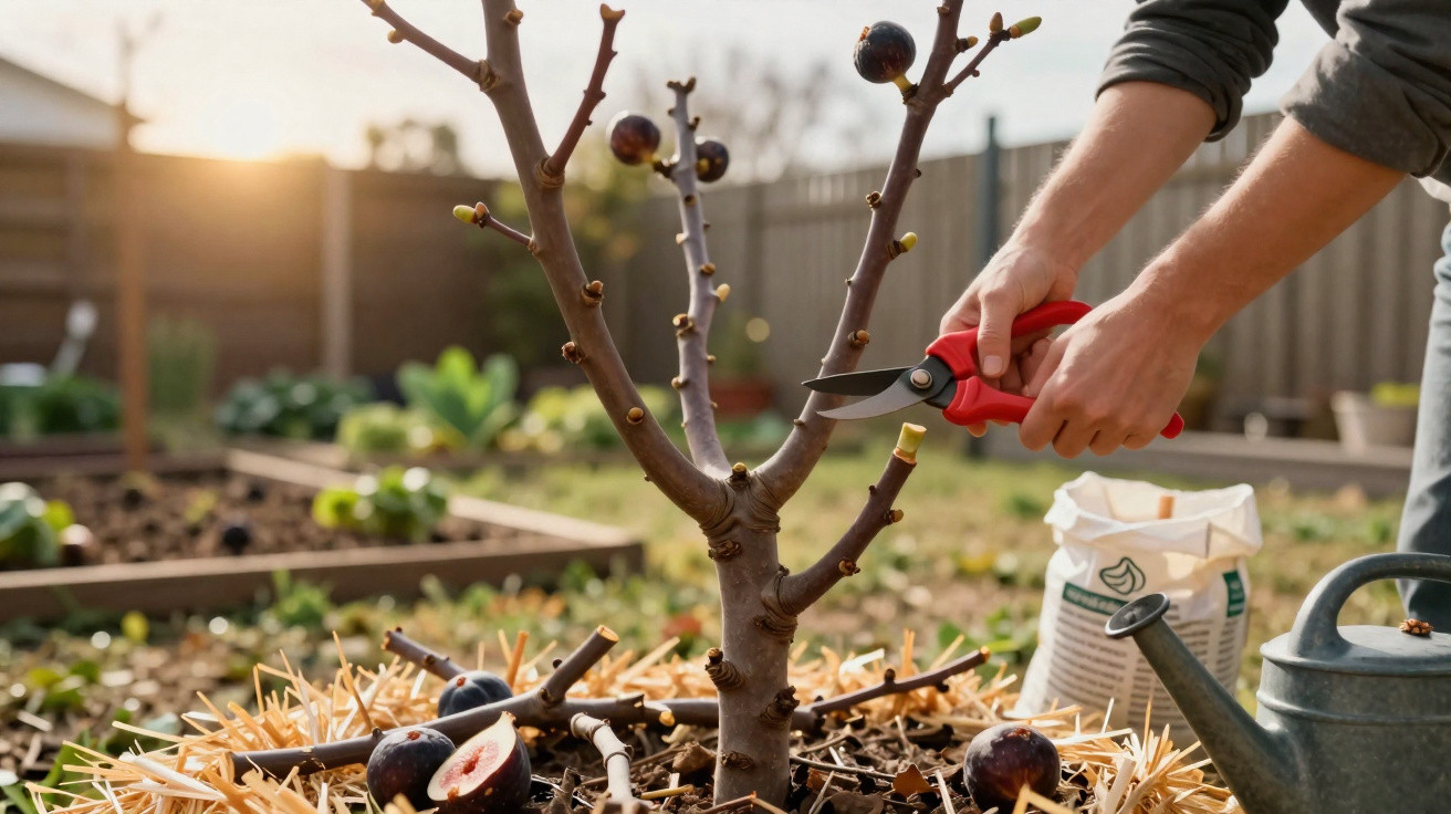 Pessoa podando árvore frutífera pequena com tesoura de poda em jardim doméstico ao entardecer.