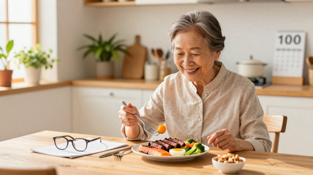 Mulher idosa sorrindo sentada à mesa com prato de comida saudável em ambiente iluminado e acolhedor.
