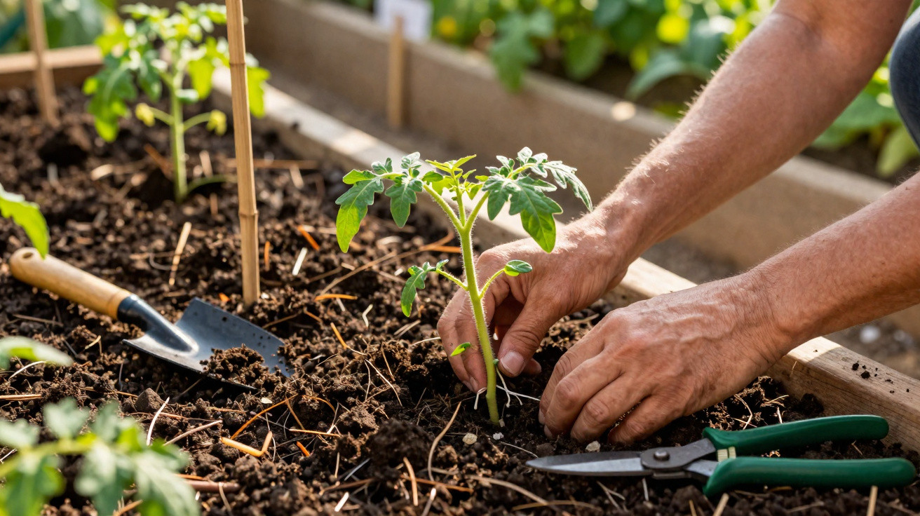 Mãos plantando muda de tomate em solo fértil com ferramentas de jardinagem ao redor.