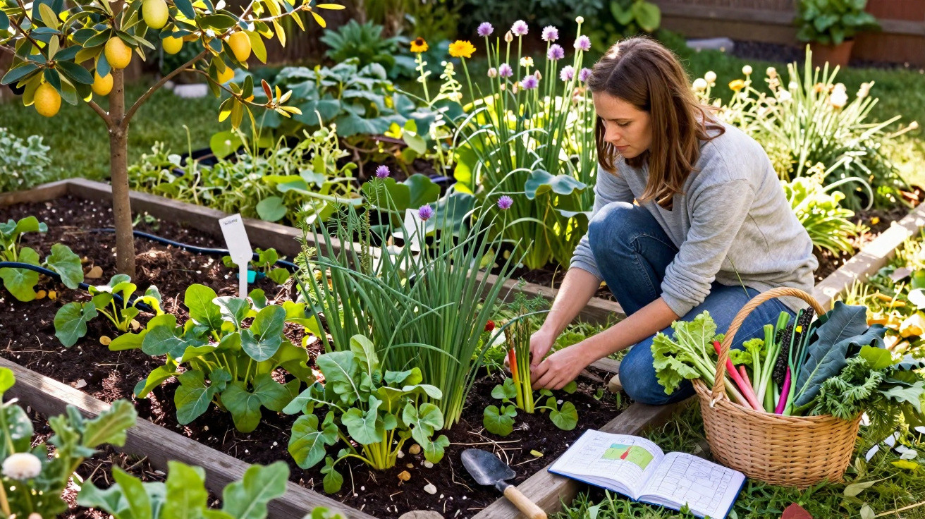 Mulher cuidando de plantas em horta com cesta de vegetais frescos e livro aberto ao lado.