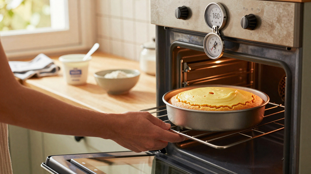 Pessoa retirando bolo amarelo assando em forma dentro de forno elétrico na cozinha.