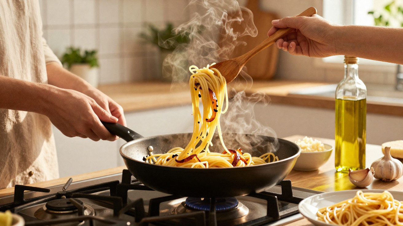 Pessoa mexe espaguete fumegante com pimenta e azeite em frigideira na cozinha.