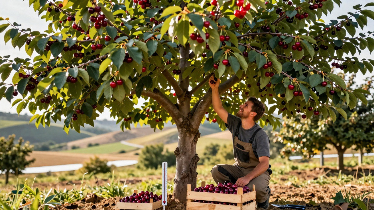 Homem colhendo cerejas vermelhas em árvore frutífera em pomar ensolarado com caixas de madeira no chão.