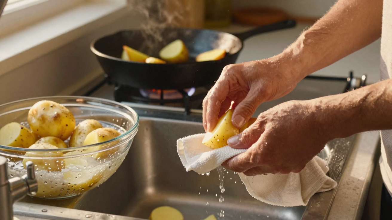 Mãos secando batatas lavadas em pano na pia da cozinha com frigideira ao fundo.