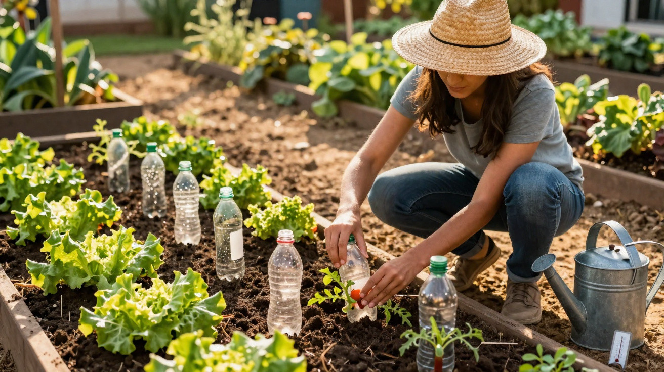 Mulher com chapéu cuidando de plantas em canteiro com garrafas plásticas e regador metálico.